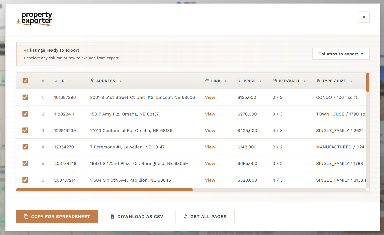 Property Exporter extension showing listing data ready to export